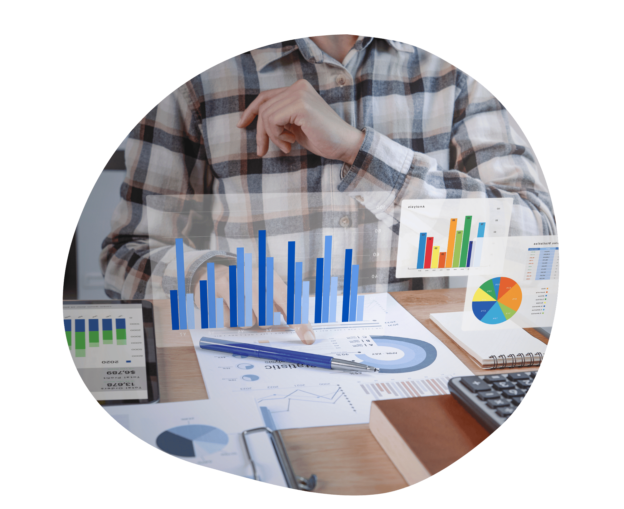 A finance manager reviewing charts and budget data in a branch office, highlighting streamlined capital planning with Asset Insider.