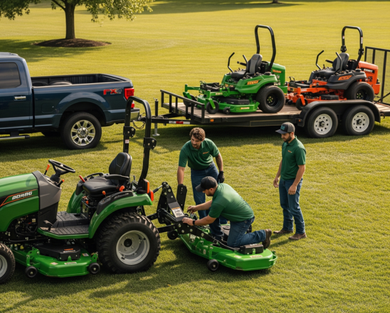 Crew technician repairing a mower to keep landscaping equipment job-ready and prevent downtime.